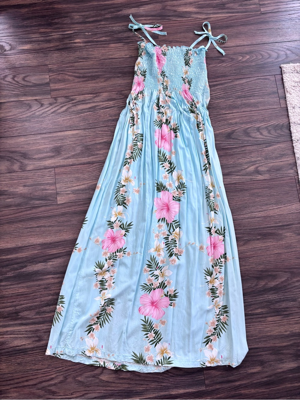 Light Blue Tropical Floral Maxi Dress with Pink Hibiscus